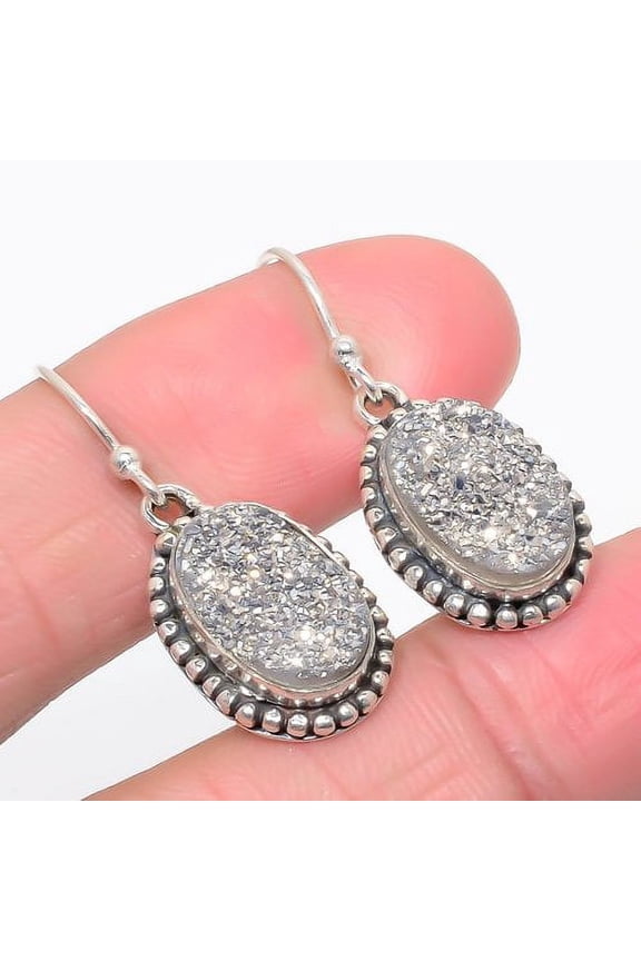 Silver Titanium Drusy Solid 925 Sterling Silver Earring Jewelry 1.4" T28, Drusy Quartz Earring, Christmas Gift, New Year Sale, Gemstone Silver Jewelry