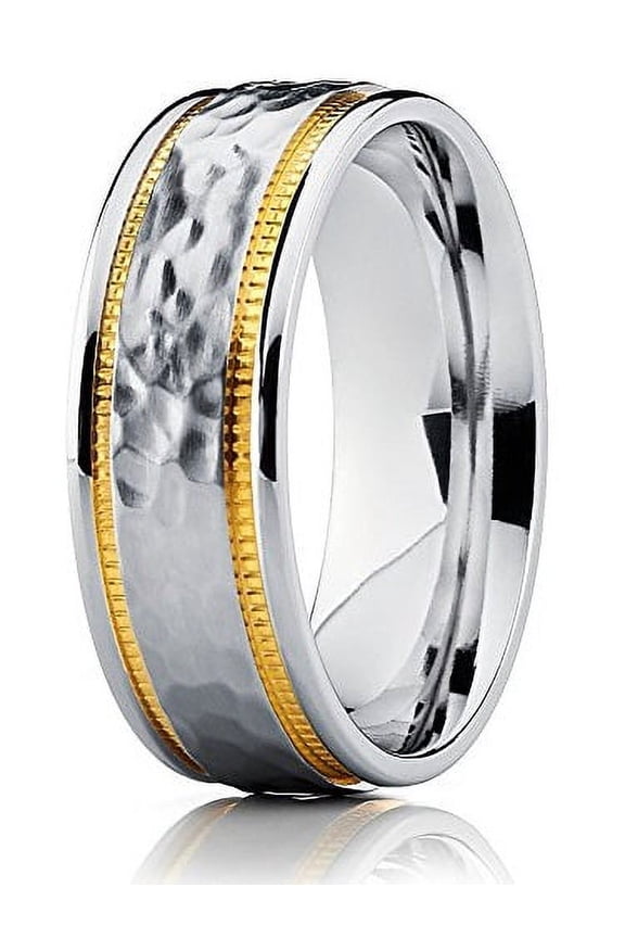 Silver Titanium Wedding Band Hammered Titanium Ring 8mm Yellow Gold Ring Shiny Polish Anniversary Ring Men Women Comfort Fit