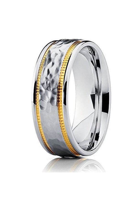 Silver Titanium Wedding Band Hammered Titanium Ring 8mm Yellow Gold Ring Shiny Polish Anniversary Ring Men Women Comfort Fit