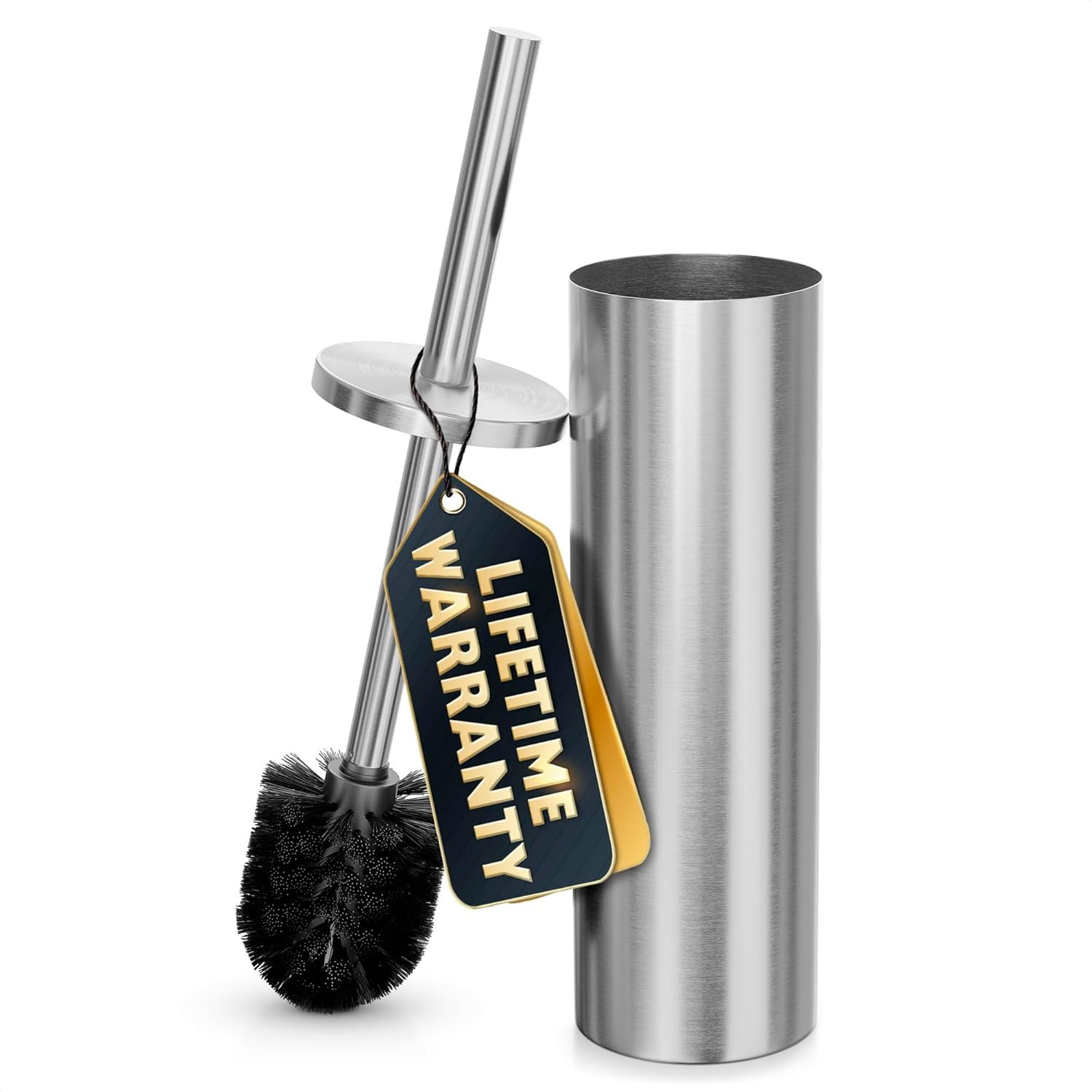 Silver Toilet Brush and Holder Set - Brushed Stainless Steel Gold Toilet Bowl Brush and Holder with Replacable Head, Removable Inner Bowl, and Splash Protection - Dense Bristles for Through Cleaning