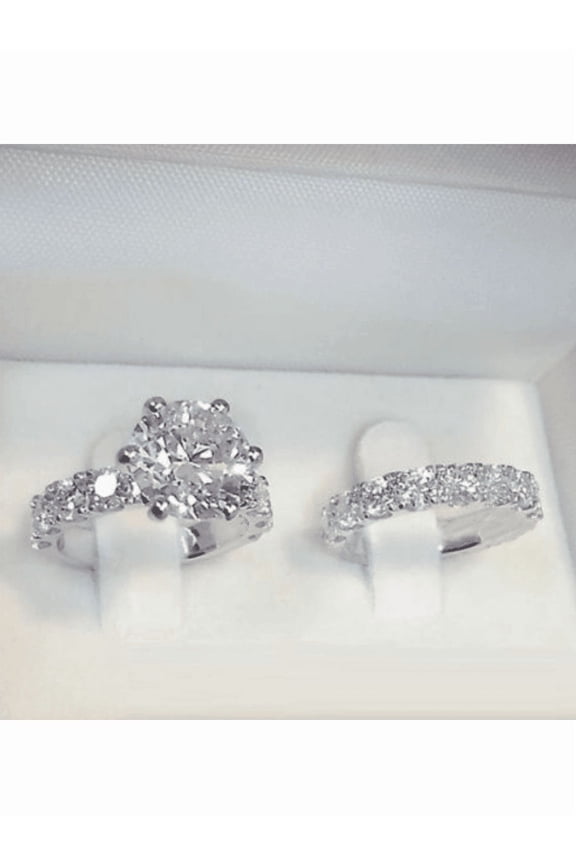 Silver Tone 2-Piece Stacking Ring Set With Paved Cubic Zirconia For Engagement Or Wedding