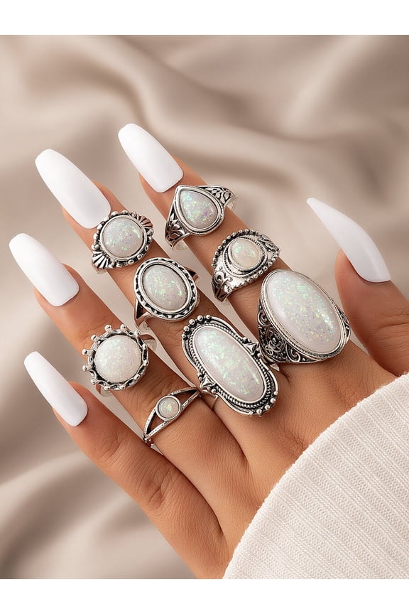 Silver Tone 8-Piece Oval & Round Decorative Ring Set With White Opal Stones