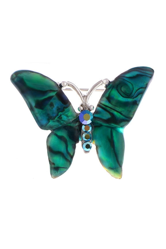 Silver Tone Abalone Colored Stones Green Blue Butterfly Brooch Pin