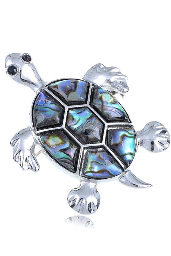 Silver Tone Abalone Shell Hawaiian Swimming Turtle Black Rhinestone Pin Brooch