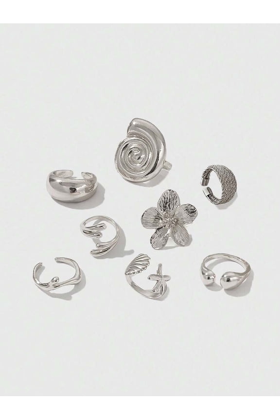 Silver Tone Adjustable Ring Set - 9pcs Floral Spiral Star Shell Designs For Women