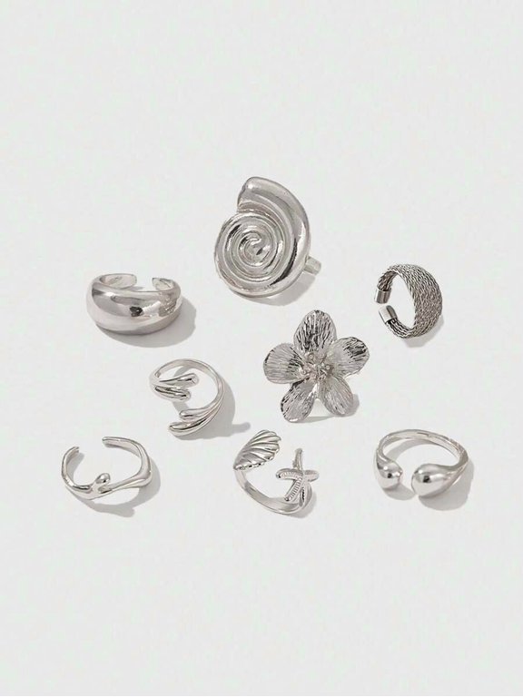 Silver Tone Adjustable Ring Set - 9pcs Floral Spiral Star Shell Designs For Women