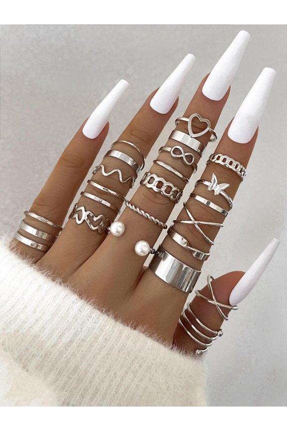 Silver Tone Alloy Ring Set With Pearl And Geometric Designs For Women