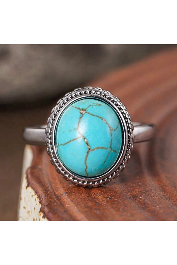 Silver Tone Alloy Turquoise Ring Bezel Setting Fashion Stackable Adjustable Ring For Daily Wear