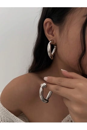 Silver Tone Asymmetrical Wave Hoop Earrings For Women