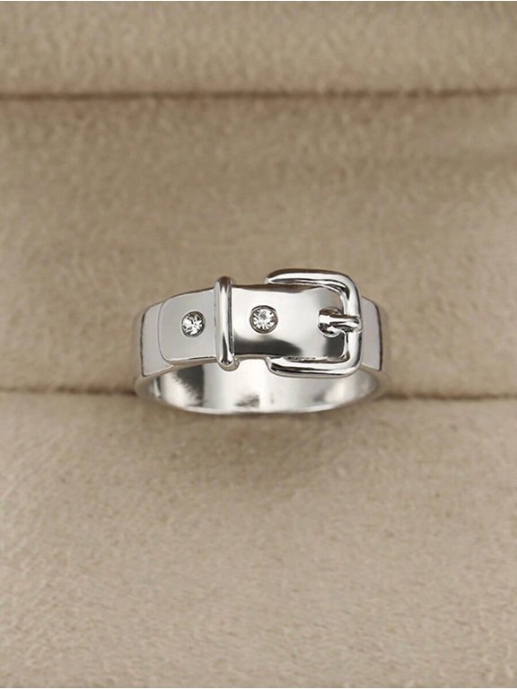 Silver Tone Belt Buckle Ring With Cubic Zirconia Accents For Women