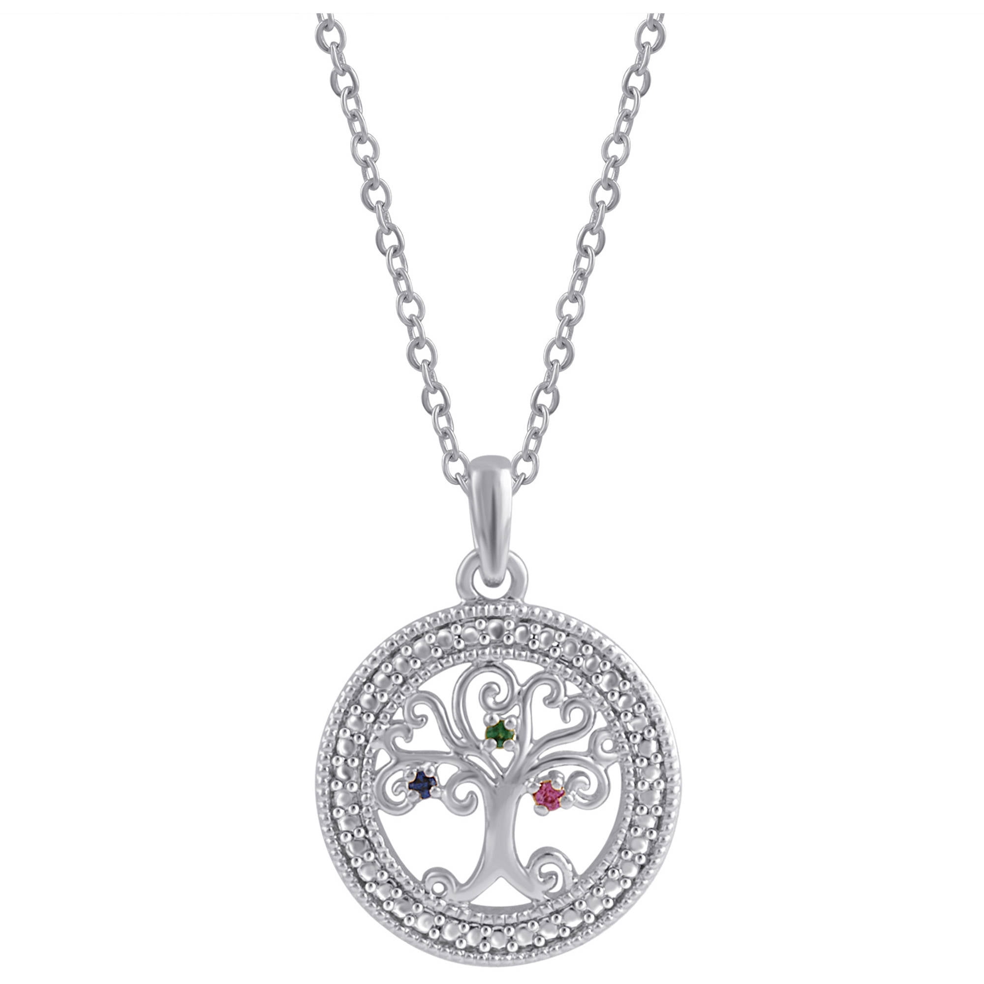 Silver Tone Birthstone Tree of Life Circle Pendant, 18" Chain