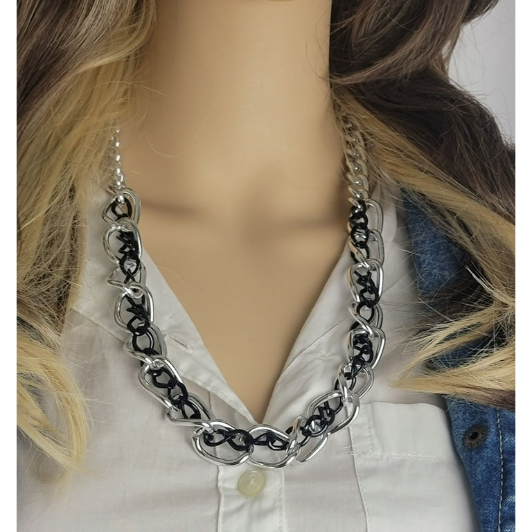 Silver Tone Black Big Chunky Chain Link Necklace 23