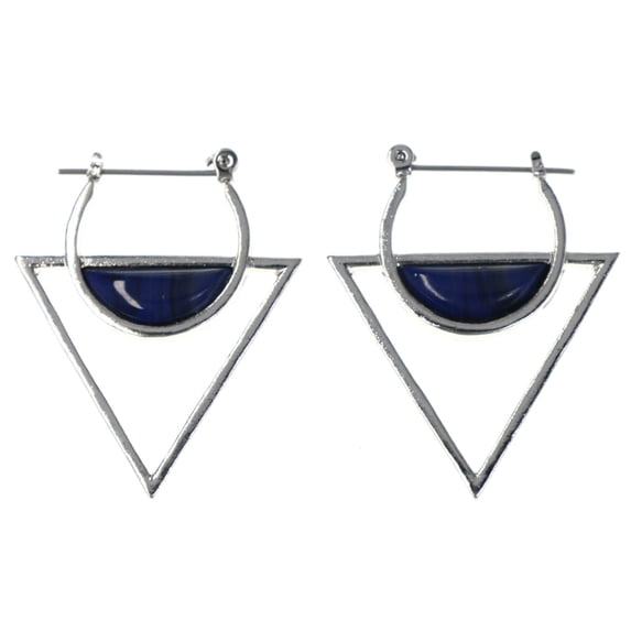 Silver-Tone & Blue Colored Metal Hoop-Earrings With Stone Accents #MQE060