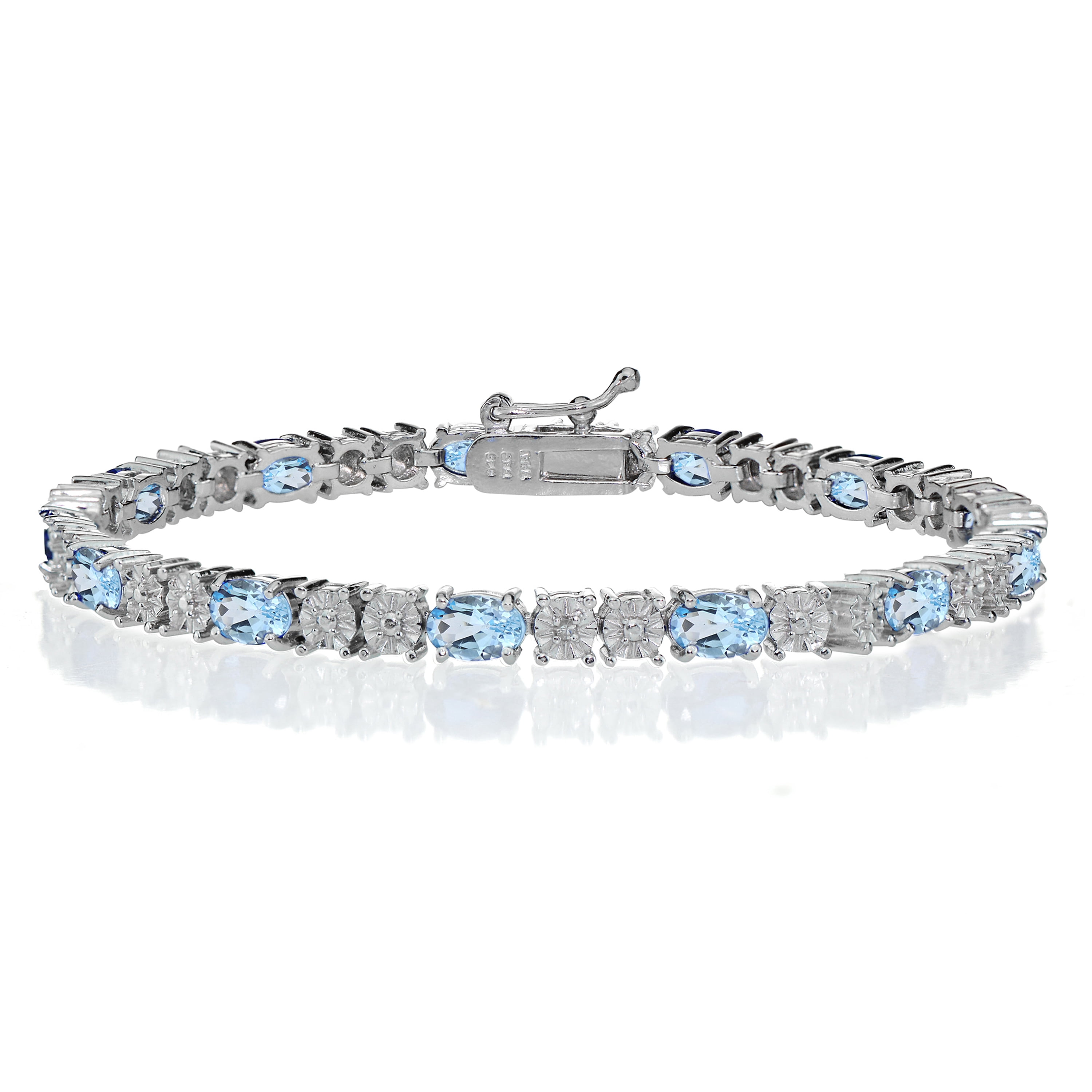 Silver Tone Blue Topaz and Diamond Accent Oval Tennis Bracelet