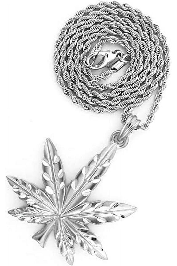 Silver Tone Brush Matt Finish Marijuana Weed Leaf Pendant Necklace Free 24" Rope chain,