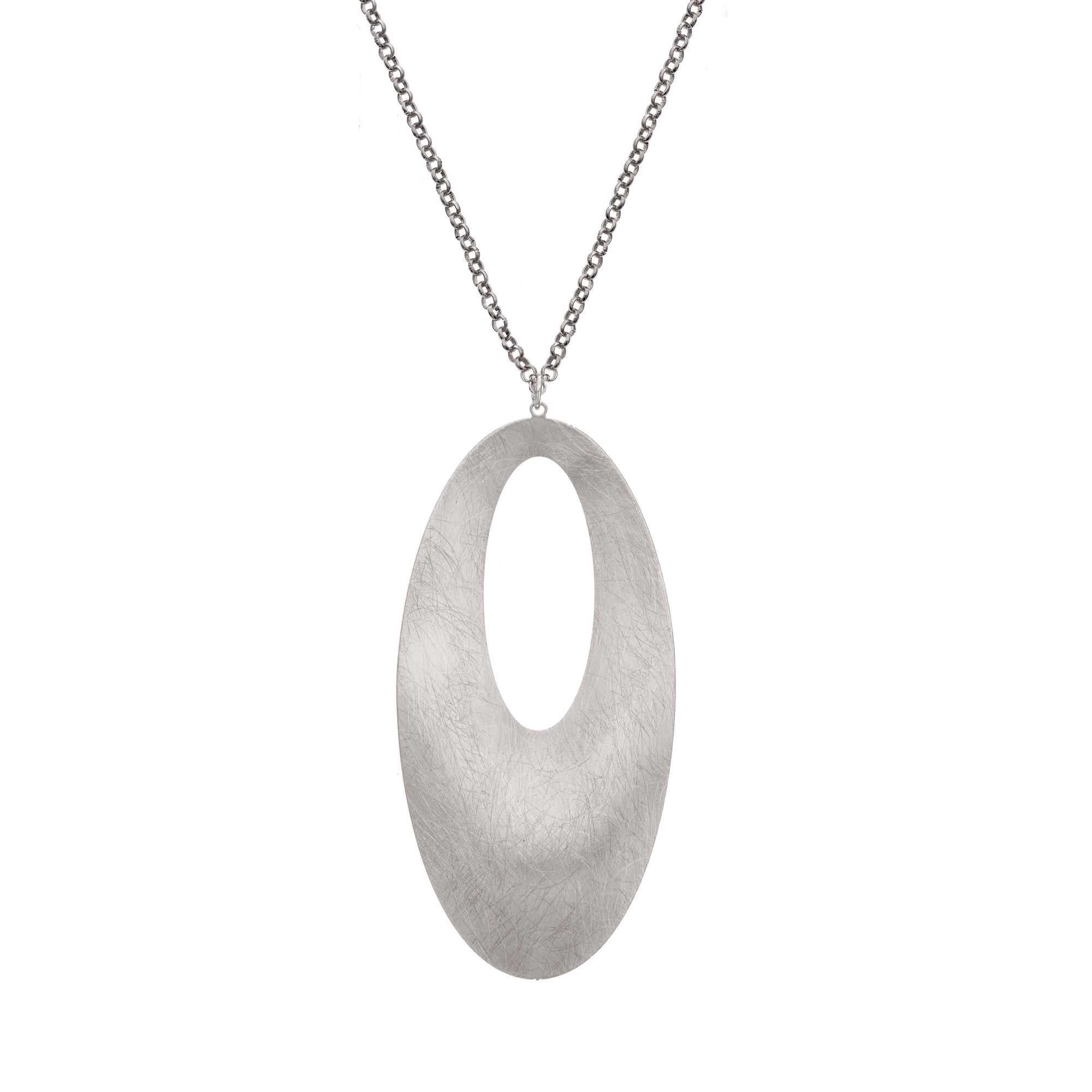 Silver Tone Brushed Oval Pendant Necklace