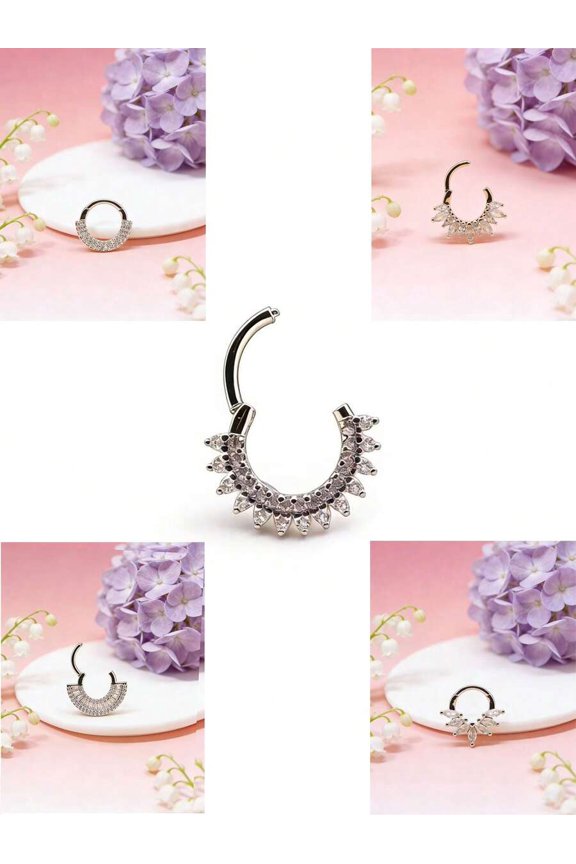 Silver Tone CZ Pavé Sunburst Hoop Septum Ring For Nose Piercing