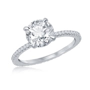 Silver Tone Center 8mm Round Solitaire Cubic Zirconia Micro Pave Bridal Engagement Band Ring