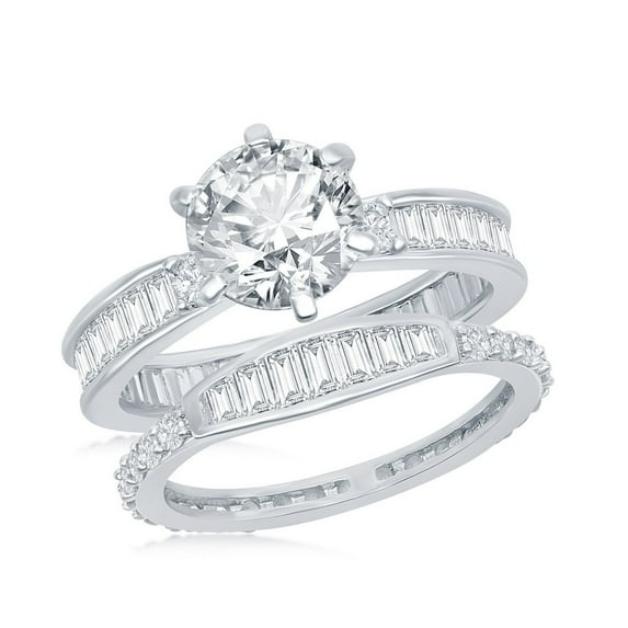 Silver Tone Center Six-Prong Round 8.5x8.5mm with Baguette Cubic Zirconia Bridal Engagement 2pc Ring Band Set