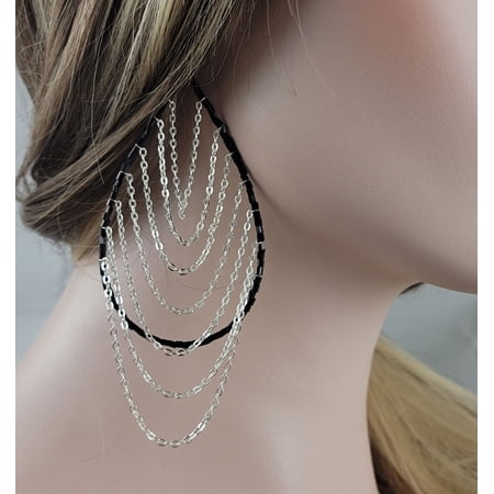 Silver Tone Chain Chandelier Beaded Teardrop Earrings Large 5"