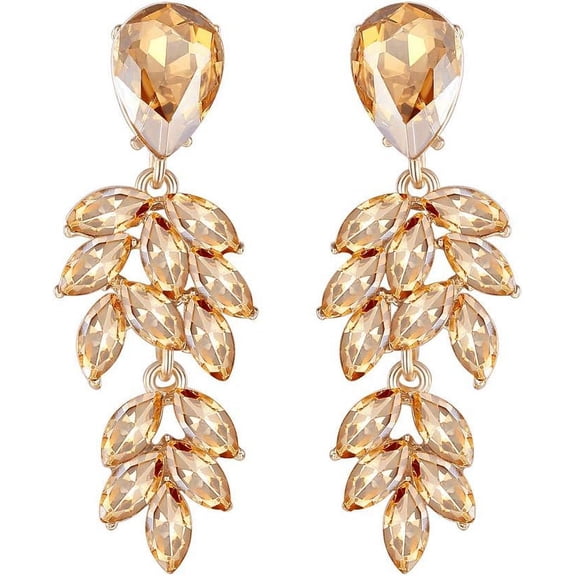 Silver-Tone Champagne Crystal Cluster Drop Earrings for Women - Dangle Statement Earrings with Teardrop & Marquise CZ Accents, Bridal Jewelry Gift
