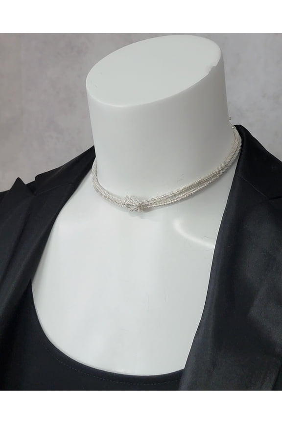 Silver Tone Choker Dog Collar Style Necklace Mesh Knot 2 Strand Adjustable Ladies Adult Female Women