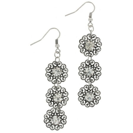 Silver Tone Circle Filigree Rhinestone Long Pierced Dangle Drop Earrings 3" Ladies Adult Female Women