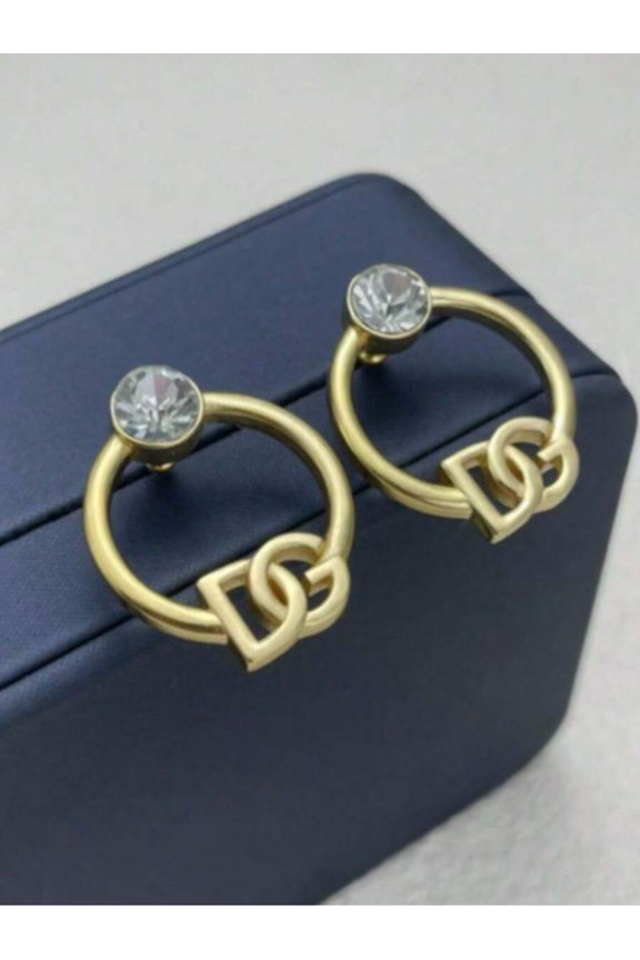 Silver Tone Circle Rhinestone Stud Earrings With Interlocking Logo Design