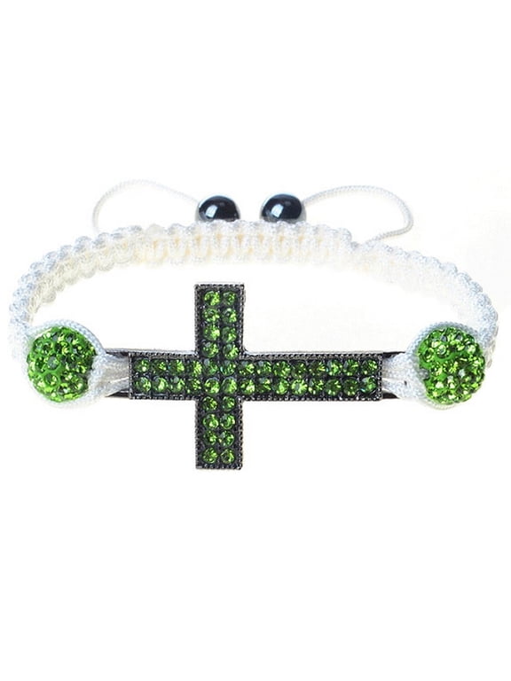 Silver-Tone Cross Green CZ White Cord Macrame Beaded Adjustable Bracelet
