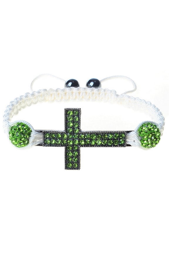 Silver-Tone Cross Green CZ White Cord Macrame Beaded Adjustable Bracelet