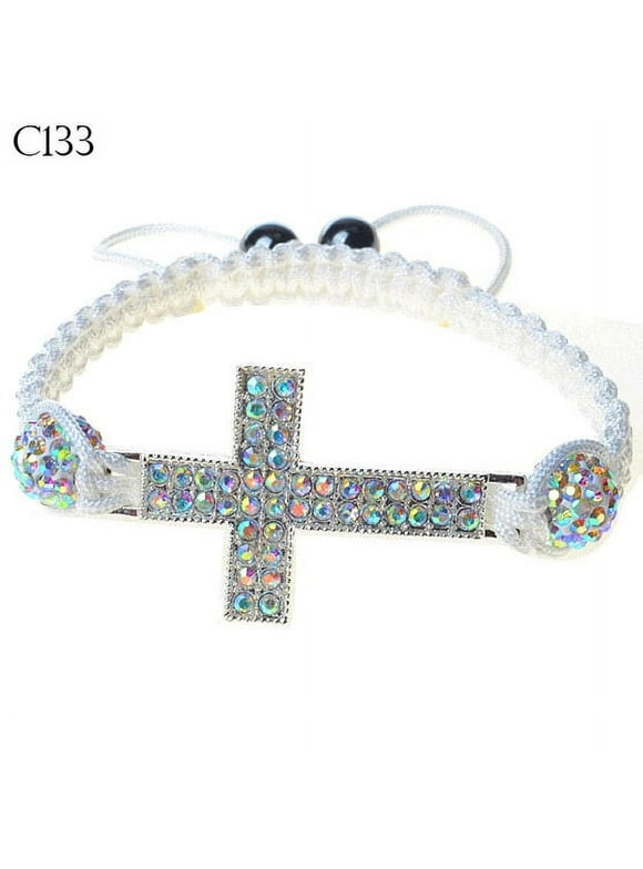 Silver-Tone Cross Multicolor White CZ Cord Beaded Adjustable Bracelet