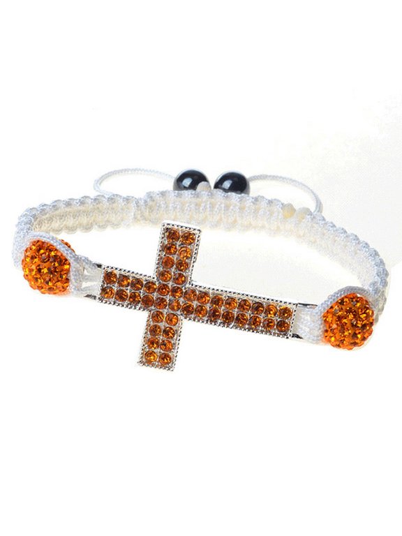 Silver-Tone Cross Orange CZ White Cord Macrame Beaded Adjustable Bracelet