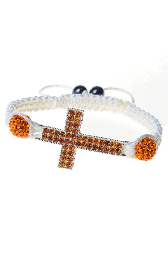 Silver-Tone Cross Orange CZ White Cord Macrame Beaded Adjustable Bracelet