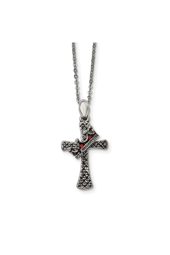 Silver-Tone Cross Pendant Necklace with Ruby Red Accents Textured Lattice Design Modern Gothic Style Spiritual Faith Jewelry for Women Men Statement Fashion Necklace