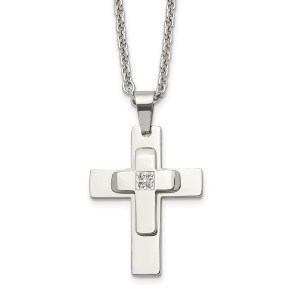Polished Stainless Steel CZ Cross Pendant Necklace, 22 in Cable Chain for Men