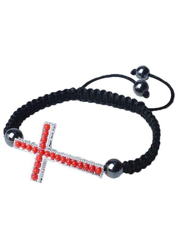 Silver-Tone Cross Red Beaded Adjustable Macrame Bracelet