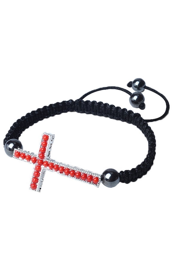 Silver-Tone Cross Red Beaded Adjustable Macrame Bracelet