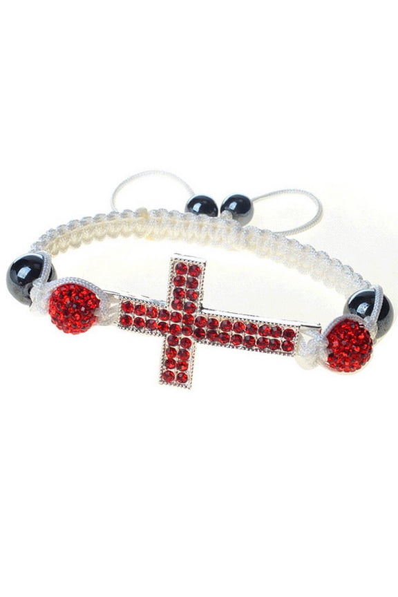 Silver-Tone Cross Red CZ White Cord Macrame Beaded Adjustable Bracelet