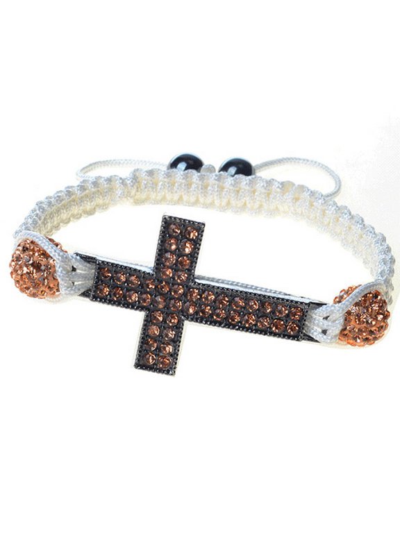 Silver-Tone Cross Rose Gold CZ Adjustable Macrame Bracelet