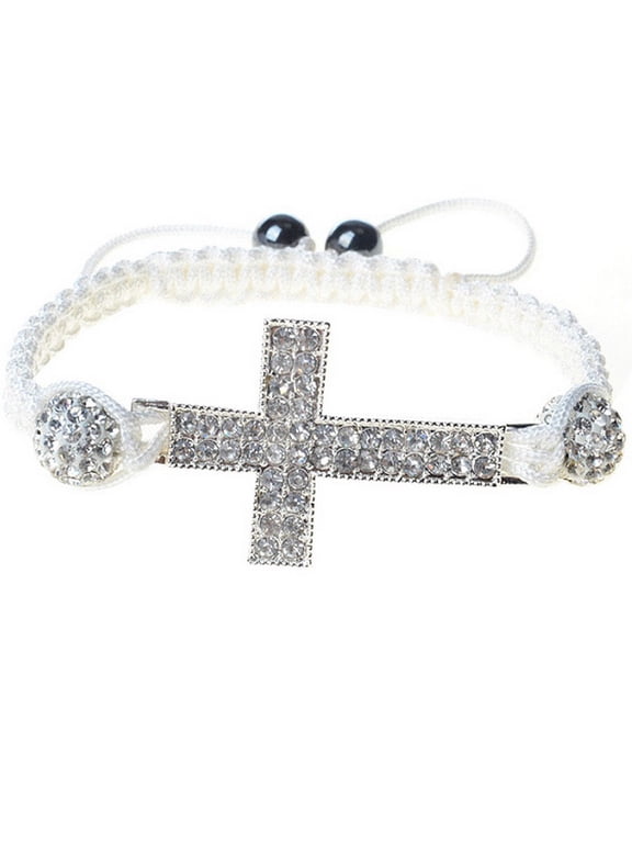 Silver-Tone Cross White CZ Cord Macrame Beaded Adjustable Bracelet