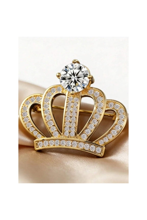 Silver Tone Crown Brooch With Rhinestone Accents, Elegant Pin For Dresses, Coats And Suits