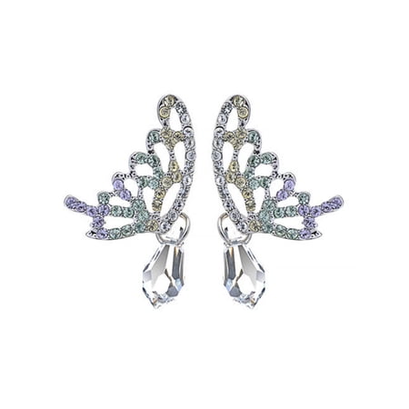 Silver-Tone Crying Single Wing Butterfly Crystal Element Earrings