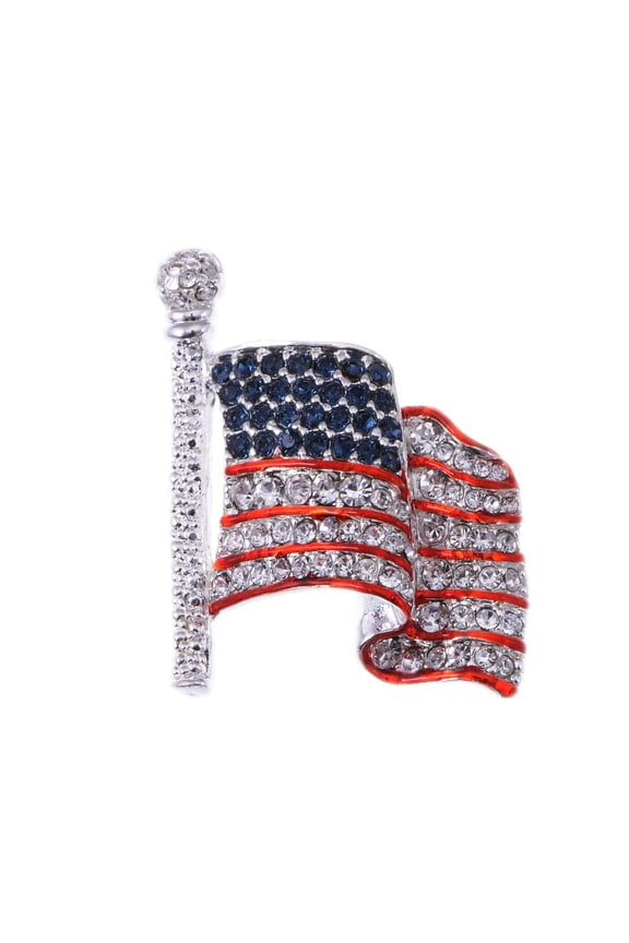Silver Tone Crystal Rhinestone 4th of July American USA Flag Patriotic Pin Brooch, Flag