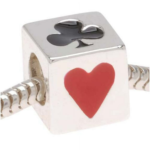Silver Tone Cube With Playing Card Suits Bead - European Style Large Hole (1)
