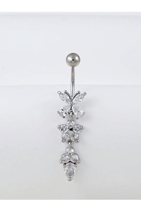 Silver Tone Cubic Zirconia Butterfly Dangle Belly Ring For Women