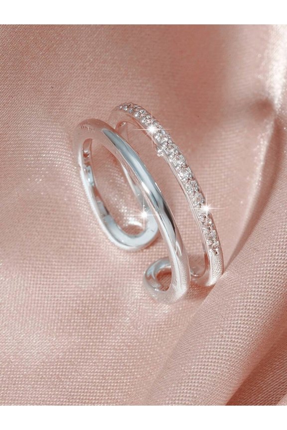 Silver Tone Cubic Zirconia Double Stack Cuff Ring