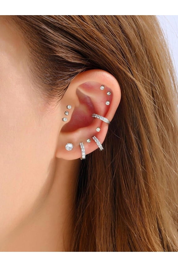 Silver Tone Cubic Zirconia Ear Cuff And Stud Earring Set 12 Pieces