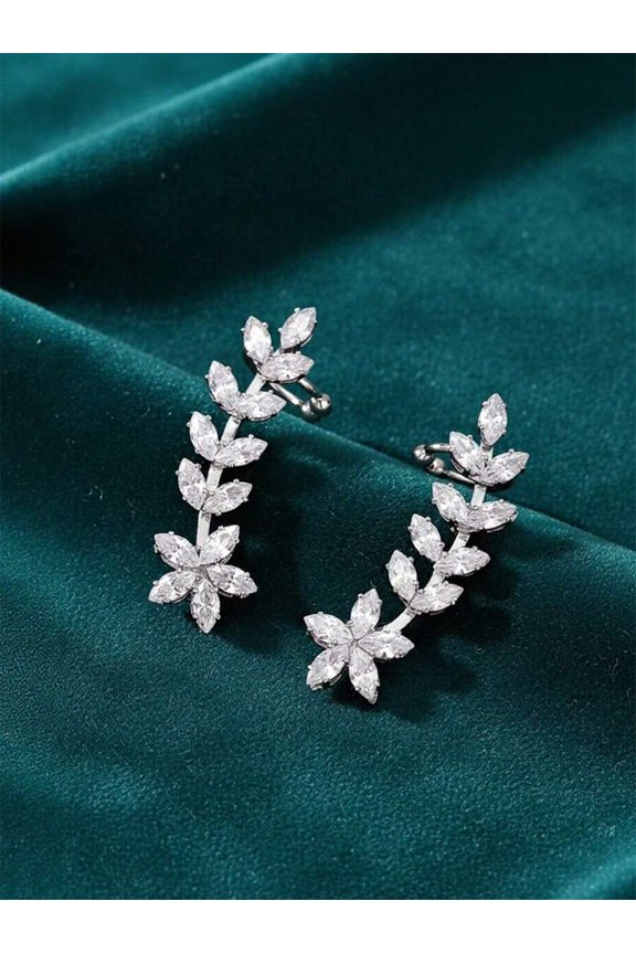 Silver Tone Cubic Zirconia Leaf-Design Ear Cuffs Set Of 2