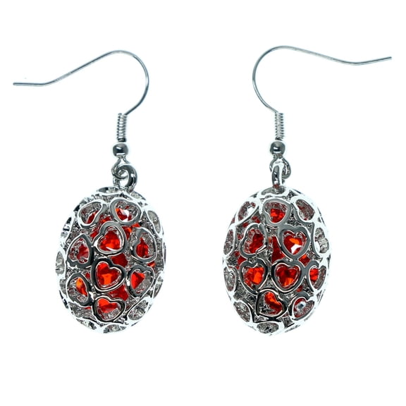 Silver Tone Dangle Earrings A Red Jewel in Egg Shaped Ball A Filigree Design