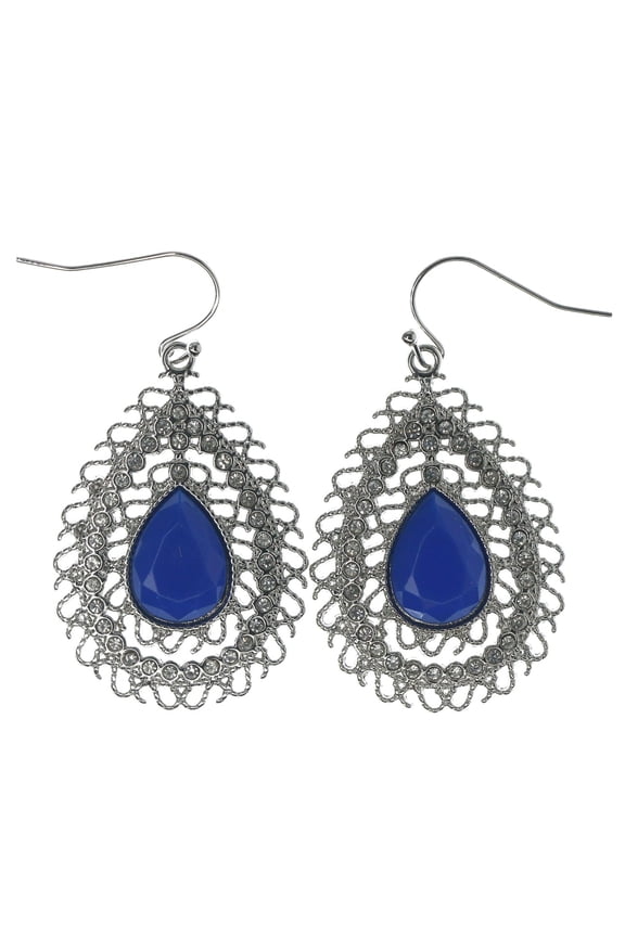 Silver-Tone Dangle Tear Shaped Earrings Royal Blue Stone Accent In The Center